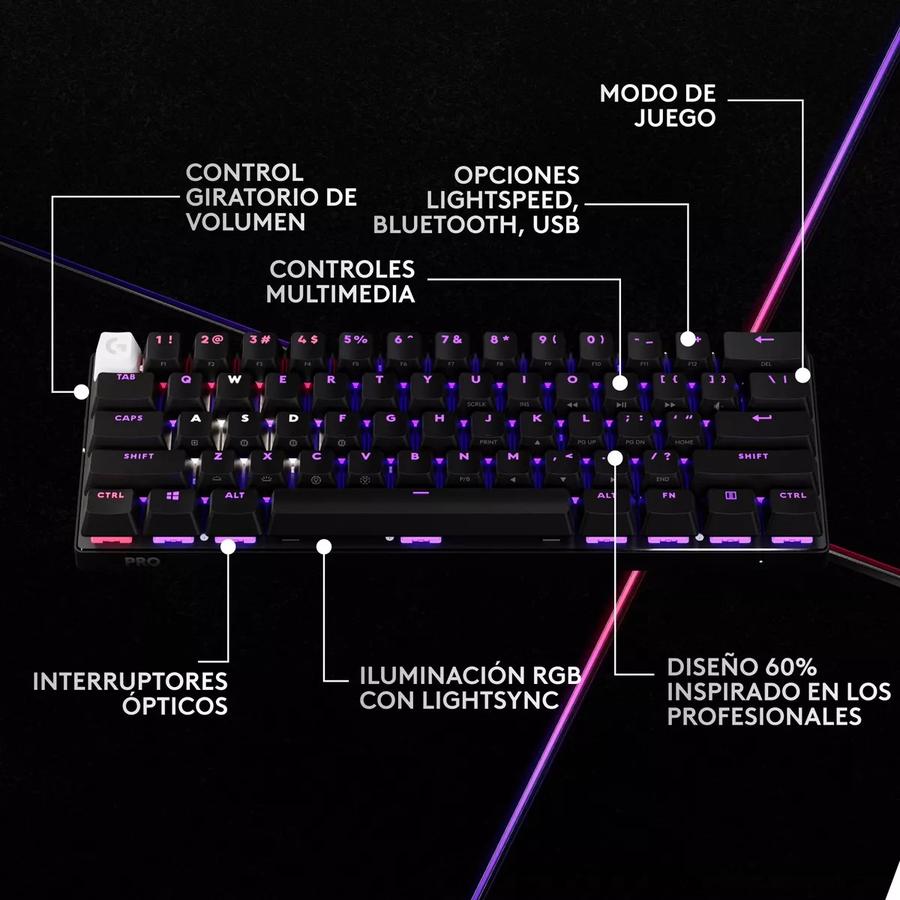 Teclado Gamer Logitech Pro X 60, Inalámbrico Lightspeed Negro