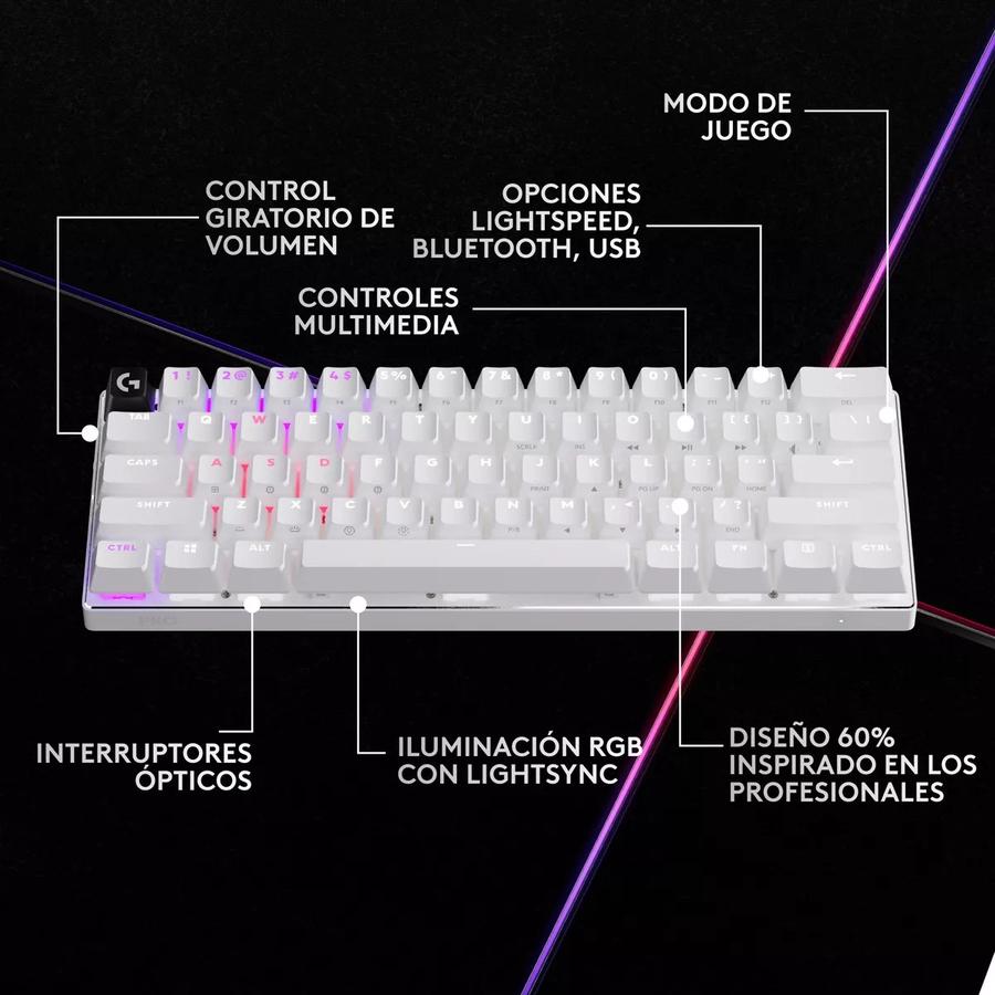 Teclado Gamer Logitech Pro X 60, Inalámbrico Lightspeed Blanco