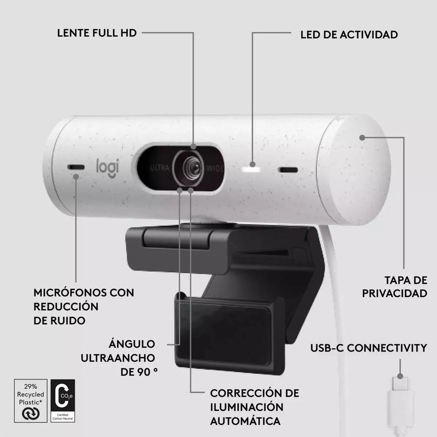 Cámara Web Logitech Full Hd 1080P Rightlight 4 Brio 500 Blanco