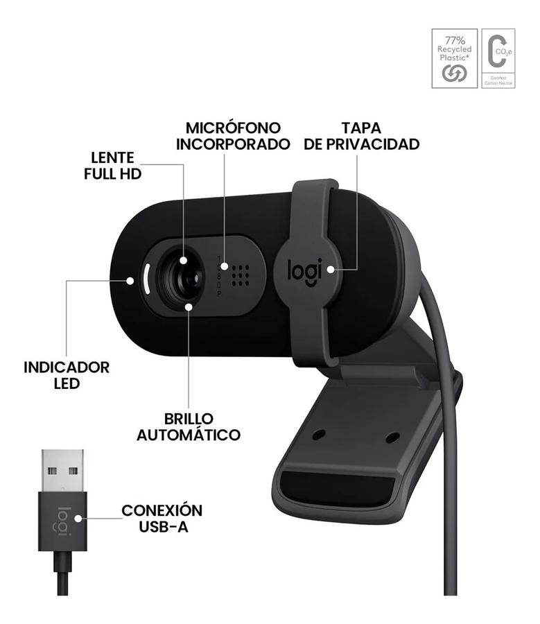 Cámara Web Full Hd 1080P, Rightlight 2, Logitech Brio 100 Negro