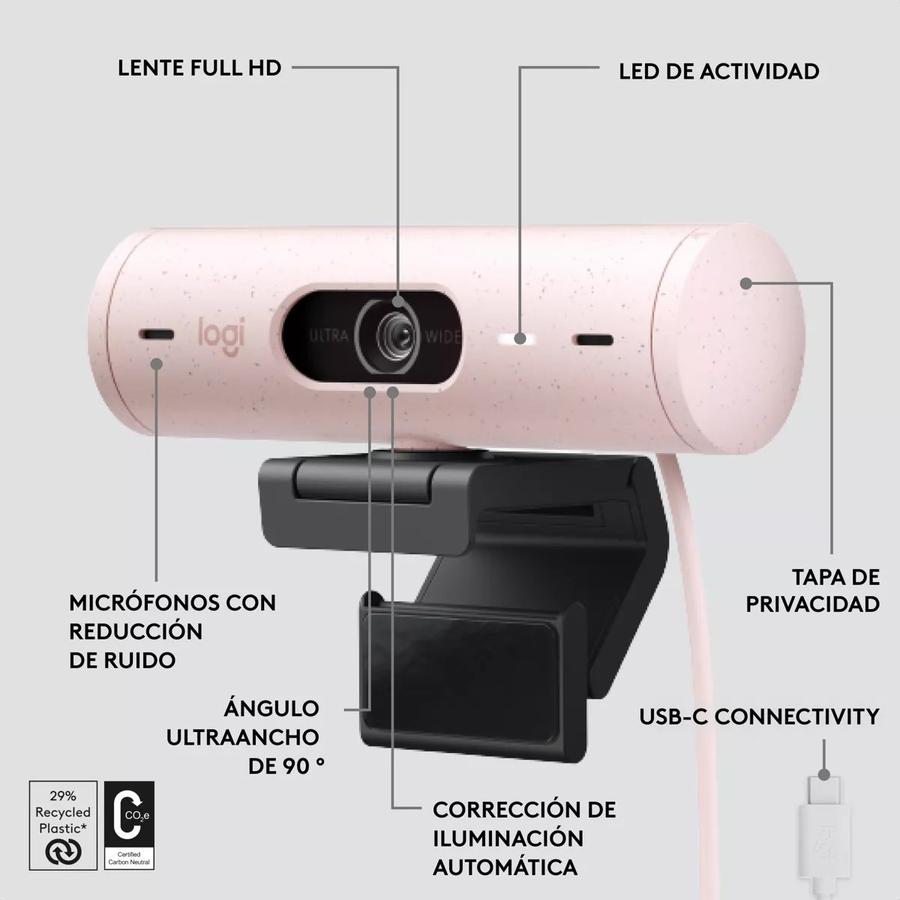 Cámara Web Full Hd 1080P, Rightlight 4, Logitech Brio 500 Rosado