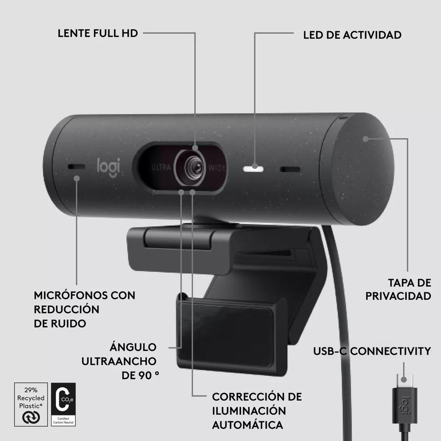 Webcam Full Hd 1080P, Rightlight 4, Logitech Brio 500 Negro