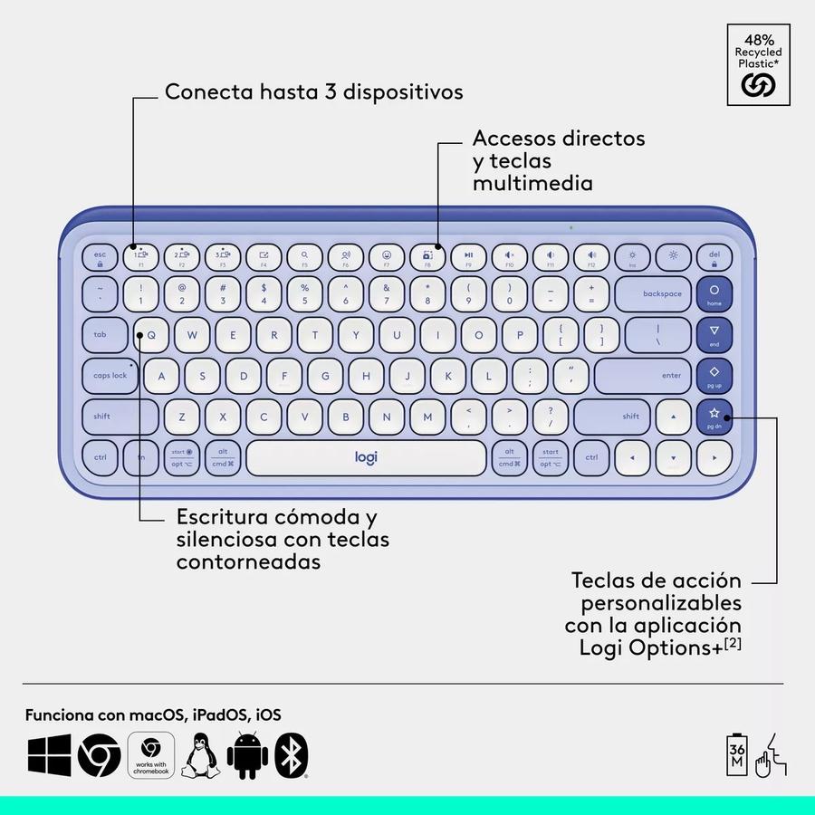 Combo Teclado Y Mouse Bluetooth Logitech Pop Icon Lila Esp Lat