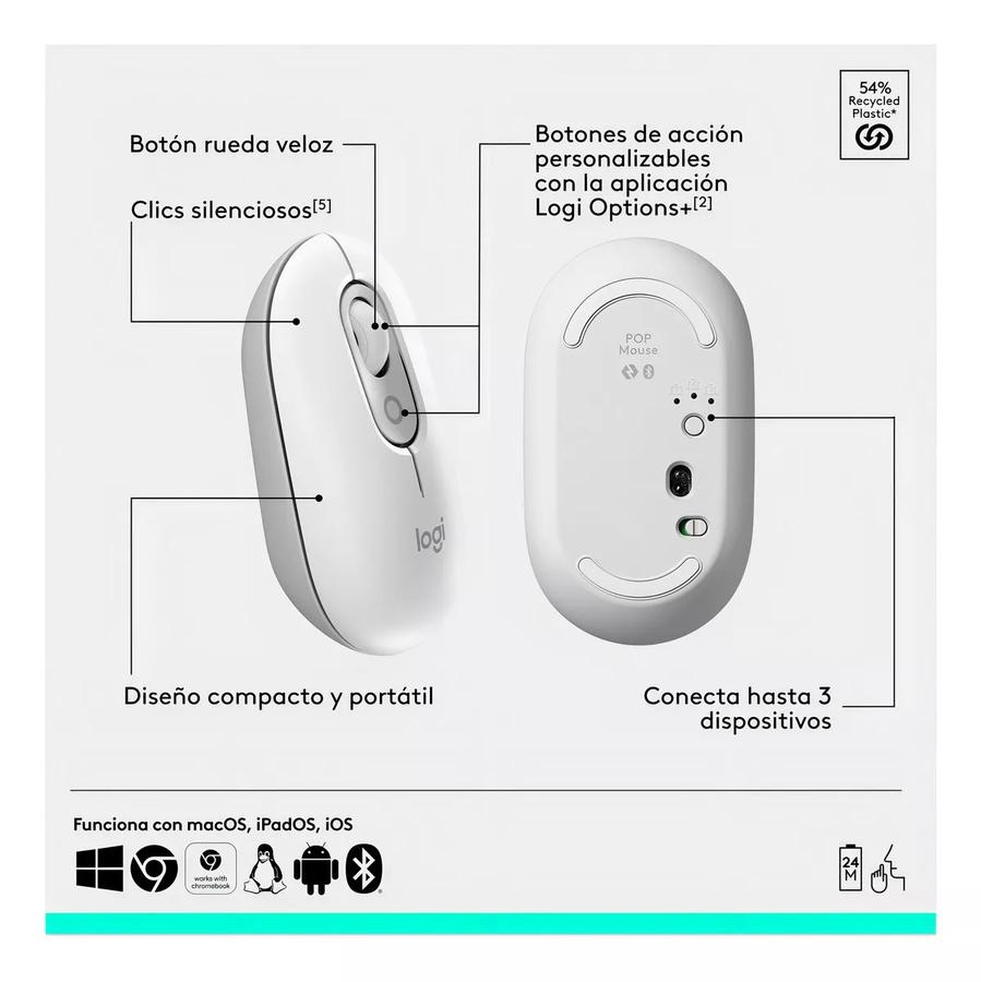 Combo Teclado Y Mouse Bluetooth Logitech Pop Icon Blanco Esp Lat