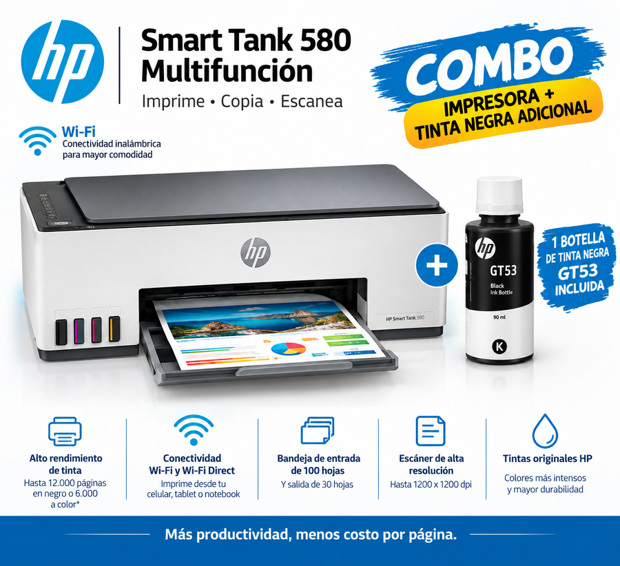 Impresora Multifuncion HP Smart Tank 580 (1F3Y2A) + Botella De Tinta Negra GT53